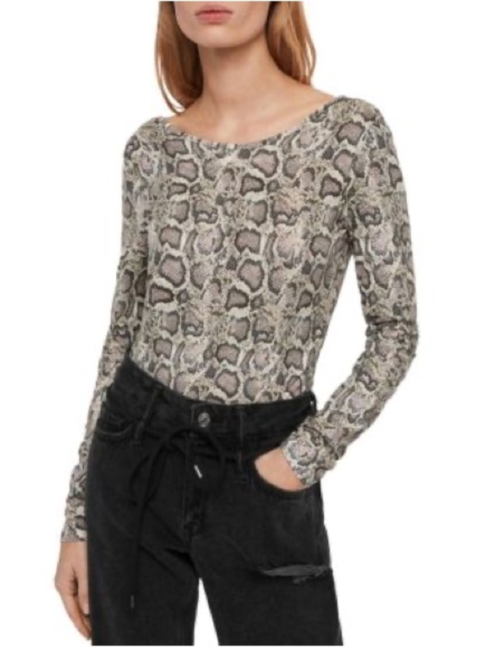 AllSaints Boatneck Snake-Print Long Sleeve Bodysuit
